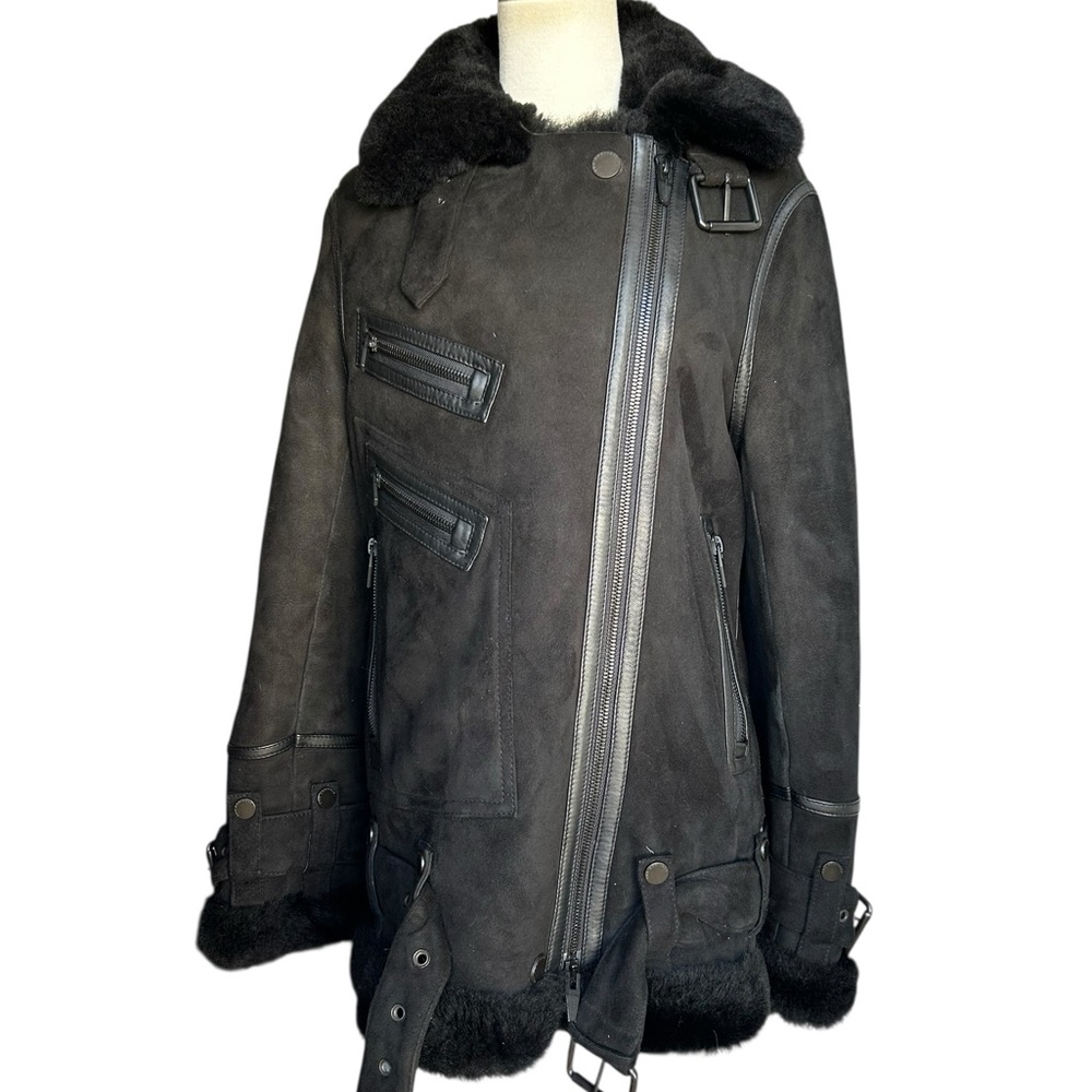 The Arrivals Moya Oversized Shearling Black Suede Moto Jacket Size Small - Picture 6 of 15